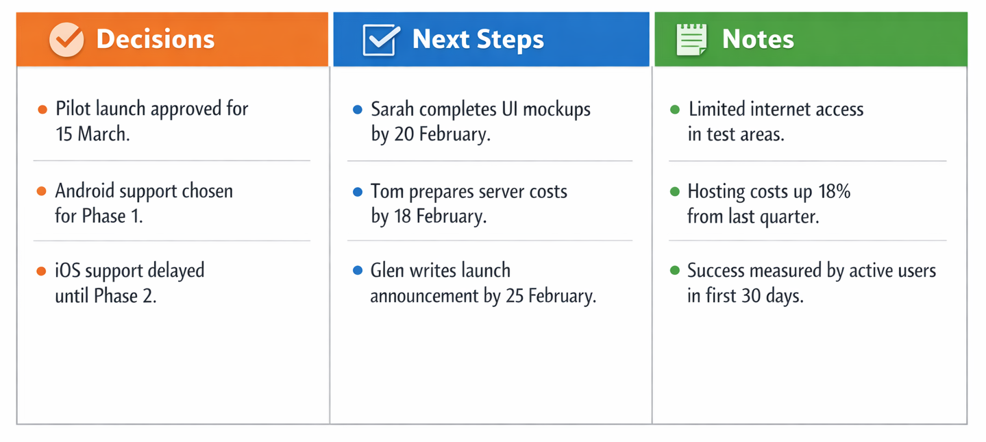 project meeting notes summary table